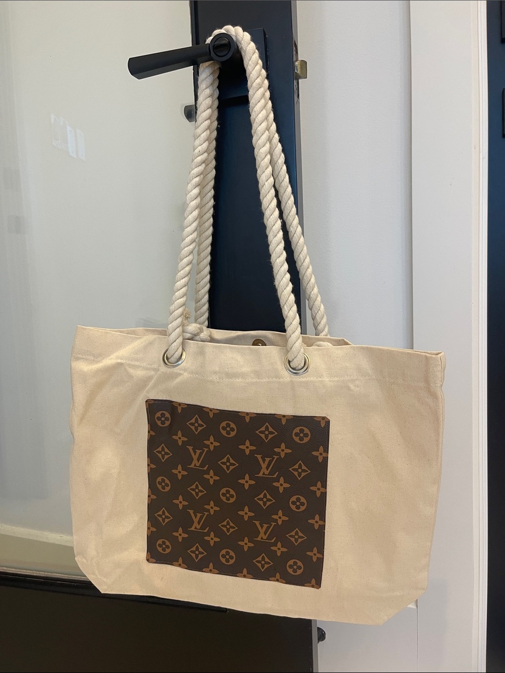 Cream Canvas Tote with Monogram Pocket